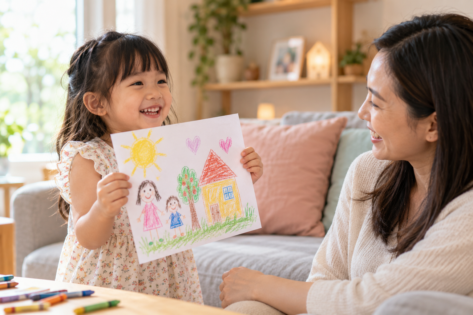 An illustrative moment of a child sharing their artwork